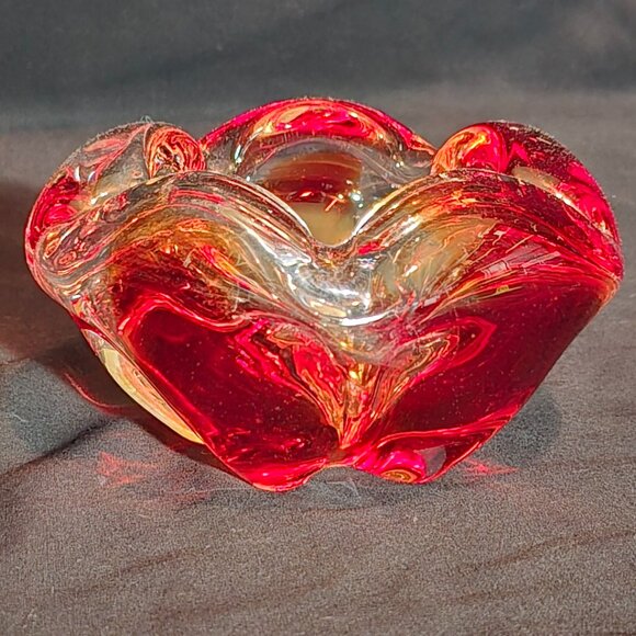 Murano Art Glass Red Orange Clear Crimped Ashtray / Dish - 5 1/2" x 3" H - Picture 2 of 5